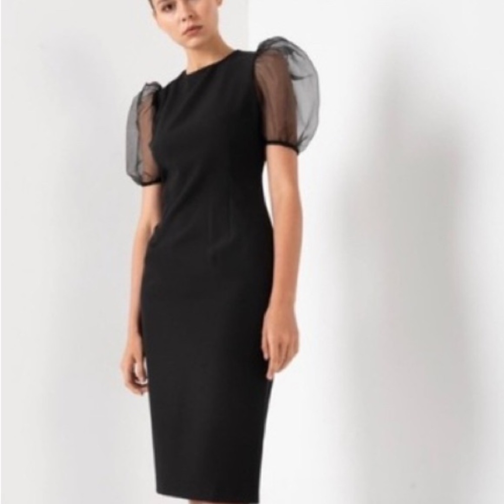 NWT Jonathan Simkhai elegant black dress with sheer puff sleeves. Size 0